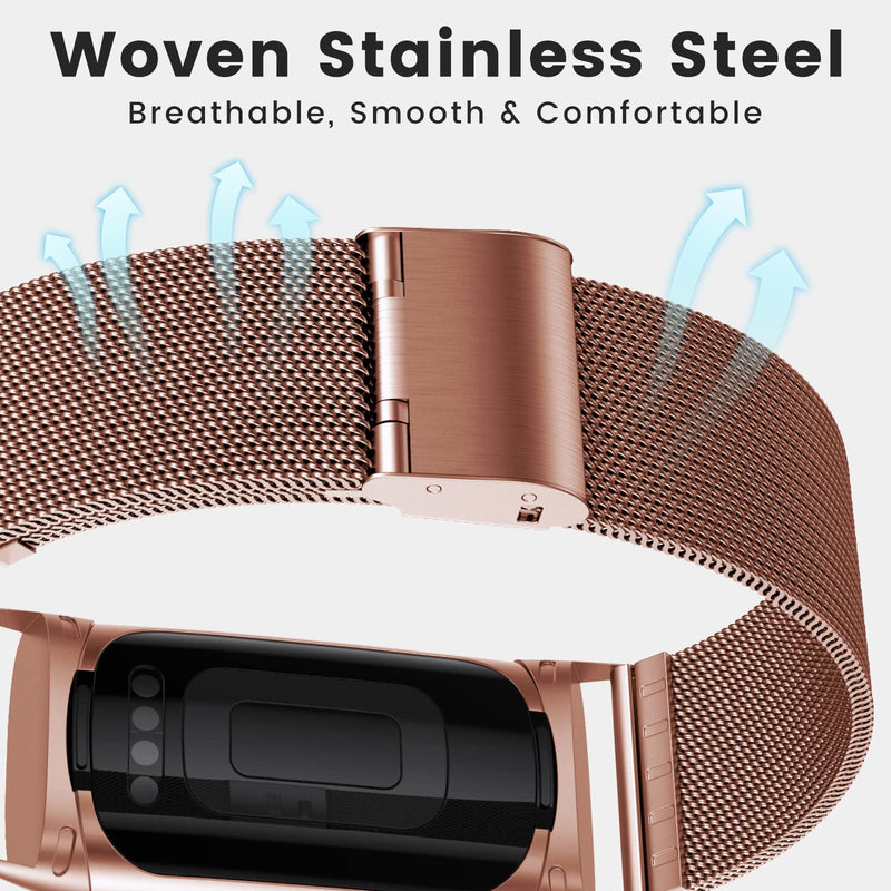 NotoCity Bands for Fitbit Charge 5, Woven Stainless Steel Metal Mesh Accessories Wristband Replacement Strap for Fitbit Charge 5 rose gold