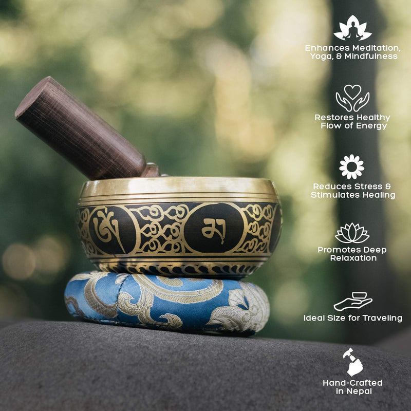 Tibetan Singing Bowl Set ~ 7 Chakra Crystal Stones and Rose Quartz Pendulum ~ Easy to Play with Fabric Case, Cushion, and Mallet ~ For Meditation, Yoga, Spiritual Healing, and Mindfulness