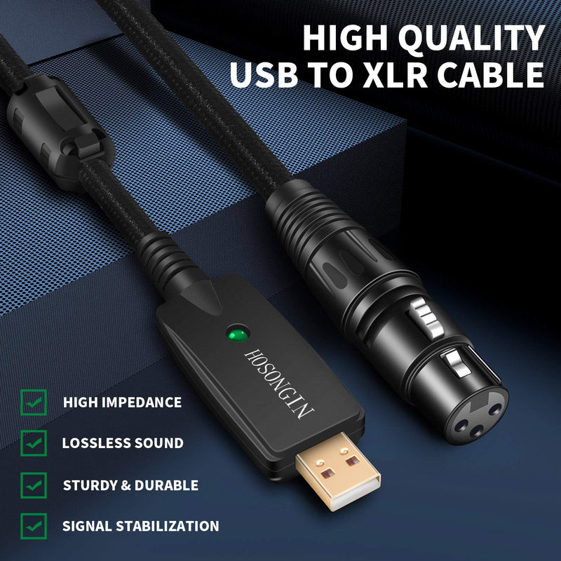 [AUSTRALIA] - USB Microphone Cable 10Ft, HOSONGIN USB Male to XLR Female Cable, Connector Cords Adapter for Microphones or Recording, 24K Gold-Plated USB Connector, Black Tweed Woven Jacket 