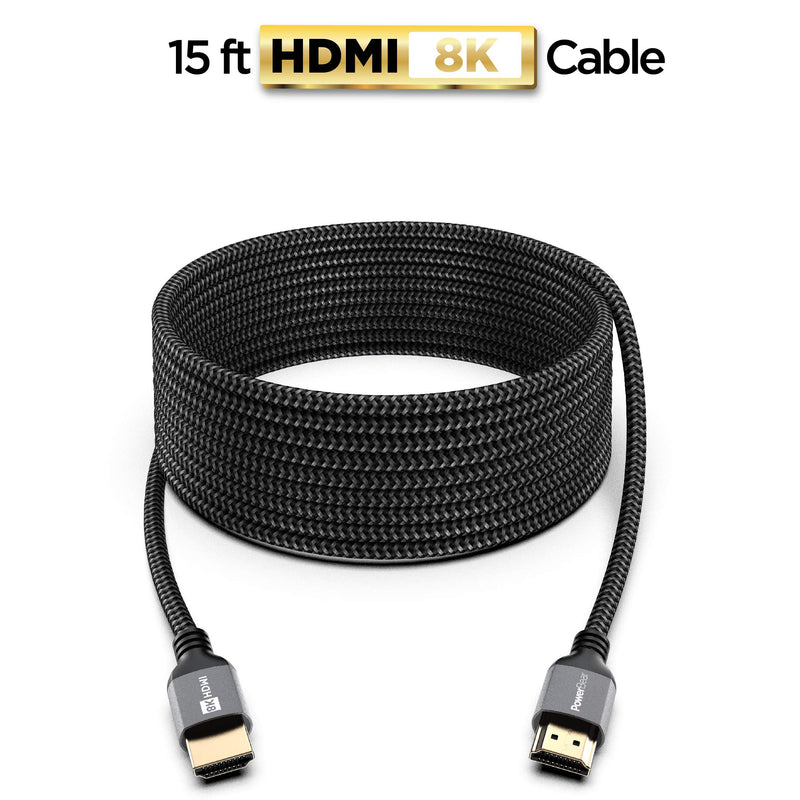 PowerBear 8K HDMI Cable 15 ft | High Speed, Braided Nylon & Gold Connectors, 8K @ 60Hz, 4K @ 120 HZ, 2K, 1080P & ARC Compatible | for Laptop, Monitor, PS5, PS4, Xbox One, Fire TV, Apple TV & More 15 Feet 1