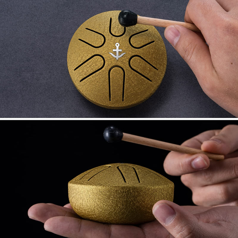 Mini Steel Tongue Drum, LEKATO 3 Inch 6 Note Tongue Drum with Drumstick Hand Drum Percussion for Beginners/ Adult/ Kids Gold