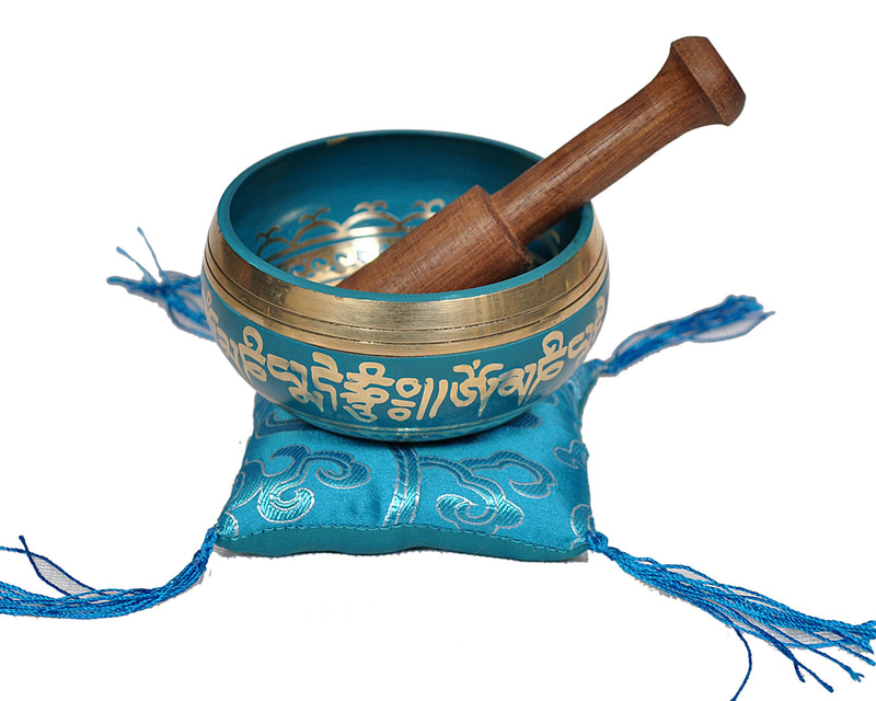 Tibetan Singing Bowl Set By Dharma Store - With Traditional Design Tibetan Buddhist Prayer Flag - Handmade in Nepal (Turquoise) Turquoise