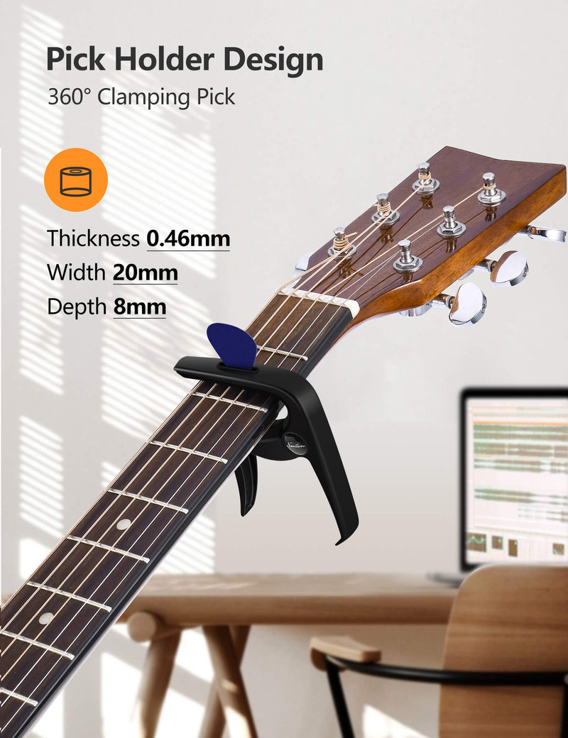 Guitar Capo NANIWAN 3 IN 1 Zinc Alloy Capo for Acoustic Guitar, Electric Guitar, Ukulele, Banjo, Mandolin, Bass guitar with Pick Holder and 3 Picks, Guitar Gifts Black Metallic Black