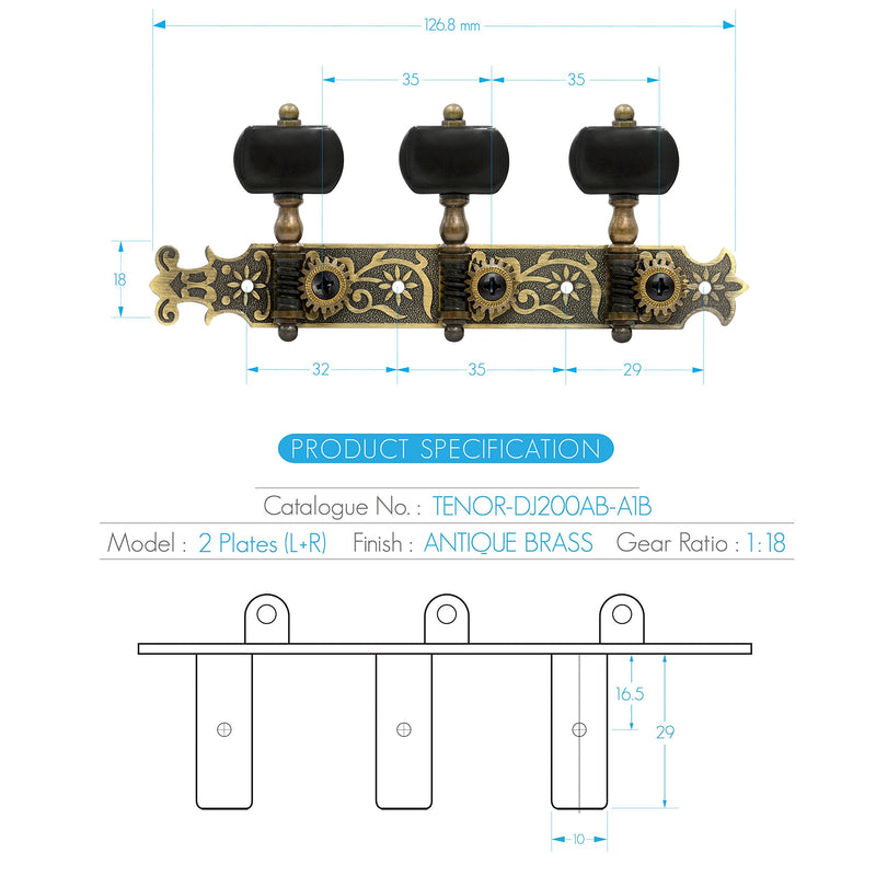 DJ200AB-A1B TENOR Classical Guitar Tuners Professional Tuning Key Pegs/Machine Heads for Classical or Flamenco Guitar with Antique Brass Finish and Ebony Colored Buttons. TENOR 200 TENOR-DJ200AB-A1B