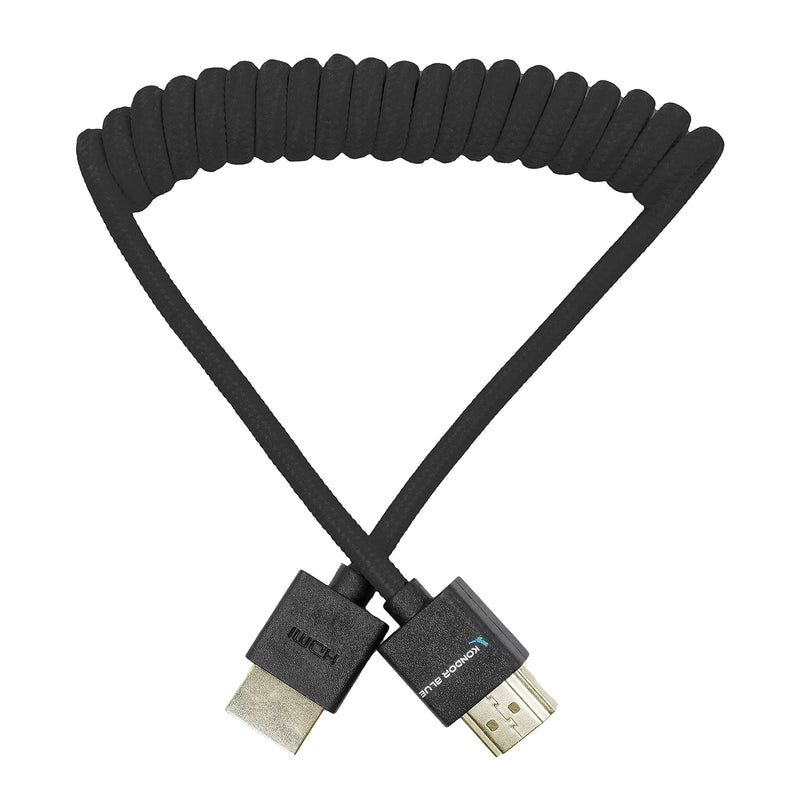 KONDOR BLUE Full HDMI Thin Short Coiled Nylon Braided Cable for On-Camera Film Cinema Monitors | 2.0 High Speed 4K 3D HDR | | 3840 x 2160-60Hz | 18Gbps MetaData | 12-24" | Black 12"-24" Coiled Braided Coiled Braided | Full HDMI
