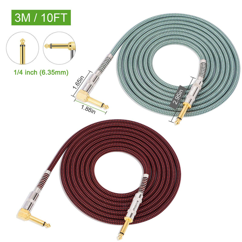 [AUSTRALIA] - OTraki 2 Pack Electric Guitar Cables 10FT Instrument Cord 1/4 Inch Straight to Right Angle 6.35mm Gold Plated Plug + Nylon Woven Insulate for Guitar Bass Keyboard 10 Feet 