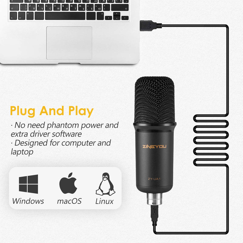 ZINGYOU USB Microphone Bundle ZY-UA1 PC Laptop Recording Condenser Mic Kit for Podcasting Gaming Streaming YouTube on macOS and Windows with Adjustable Scissor Arm Metal Shock Mount Pop Filter(Black) balck