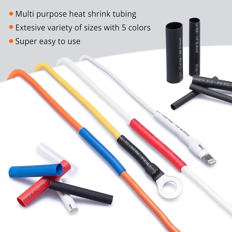 Wirefy Heat Shrink Tubing Kit - 3:1 Ratio Adhesive Lined, Marine Grade Shrink Wrap - Automotive Industrial Heat-Shrink Tubing - Black, Red, White, Clear, Blue - 275 PCS
