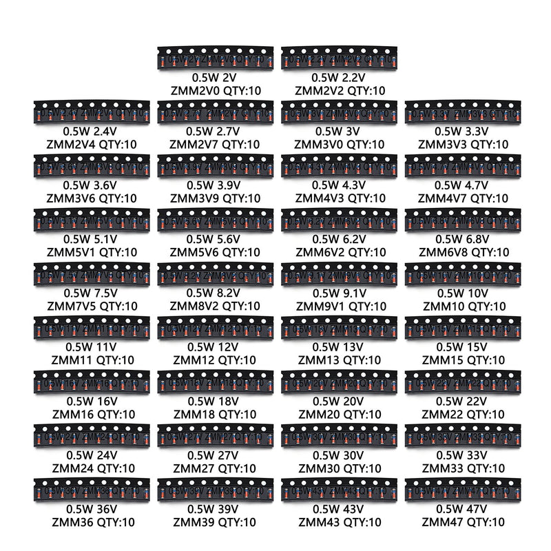 Chanzon 34 Values 0.5W SMD Zener Diode Assorted Kit 2V 2.2V 2.4V 2.7V 3V 3.3V 3.6V 3.9V 4.3V 4.7V 5.1V 5.6V 6.2V 6.8V 7.5V 8.2V 9.1V 10V 11V 12V 13V 15V 16V 18V 20V 22V 24V 27V 30V 33V 36V 39V 43V 47V