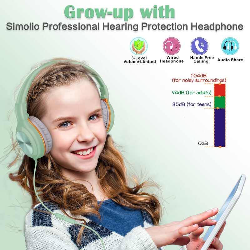 SIMOLIO Wired Headphones with MIC & Volume Control & 3 Switchable Volume Limited & Share Jack, Foldable Lightweight Headset with Bag for Kids Teens Boys Adults Youths School Travel PC Computer Tablets