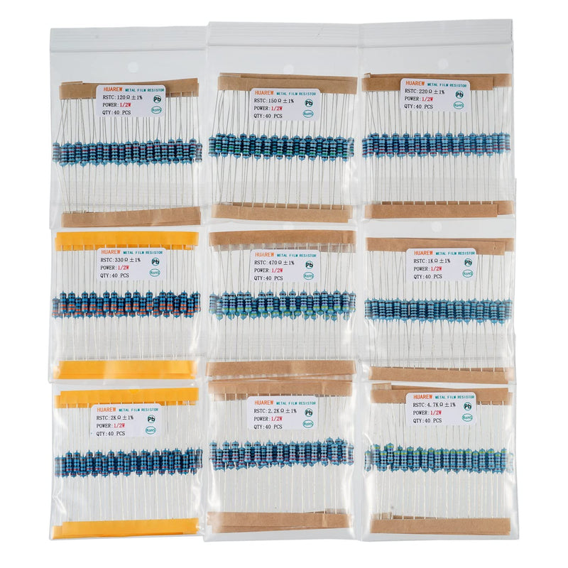 HUAREW 25 Values Single Resistor Kit with 1000 Pcs 1 Ohm-1M Ohm 1/2 W 1% Metal Film Resistors Assortment Kit for DIY Projects and Experiments