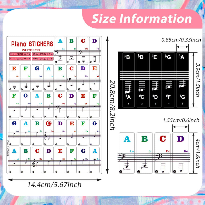 2 Sets Piano Keyboard Stickers 88/61/ 54/49 Keys Colorful Piano Stickers Transparent Removable Piano Keyboard Decals Large Bold Piano Keyboard Letter Stickers Learning Stickers for Kids Beginners