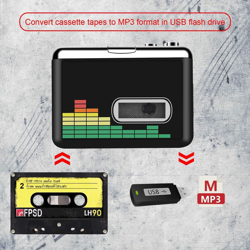 USB Cassette Player Tape to MP3 Converter, Portable Walkman Audio Music Player Cassette-to-MP3 Converter with Earphones, No PC Required