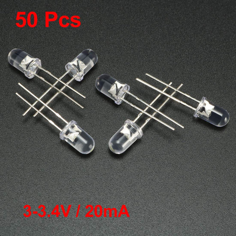 uxcell 50pcs 5mm Dia White LED Diode Lights Clear Round Transparent 3-3.4V 20mA Super Bright Lighting Bulb Lamps Electronic Component Light Emitting Diodes