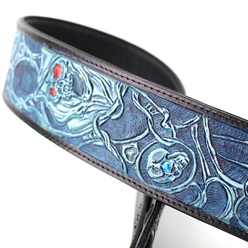 Walker & Williams KH-09-BLU Electric Blue Barbed Skulls In Carved Leather With Padded Back