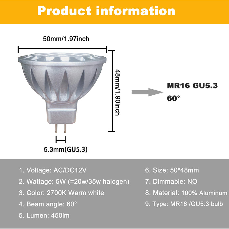 ALIDE MR16 Led Bulbs 60° (60 Degree)Wide Beam Angle,5W Replace 20W 35W Halogen,2700K Soft Warm White,Low Voltage 12volt MR16 GU5.3 Bulb Spotlights for Track Recessed Landscape Lighting,450lm,6 Pack 50*48mm