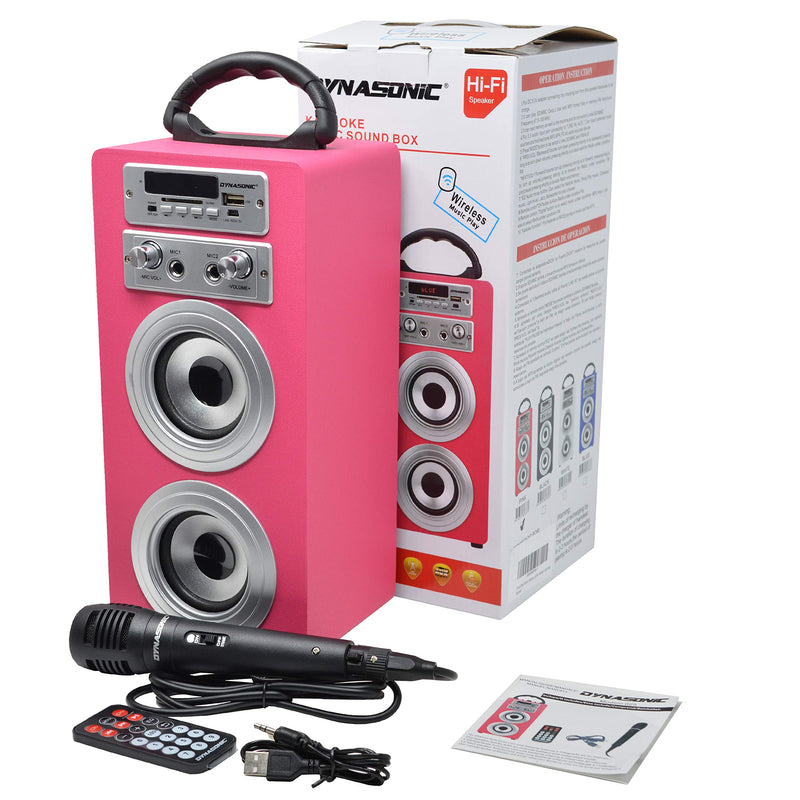 DYNASONIC - Portable Bluetooth Speaker with Karaoke Mode and Microphone, FM Radio and USB SD Reader (Pink Model) (2 TWS Microphones) TWS 2 Microphones
