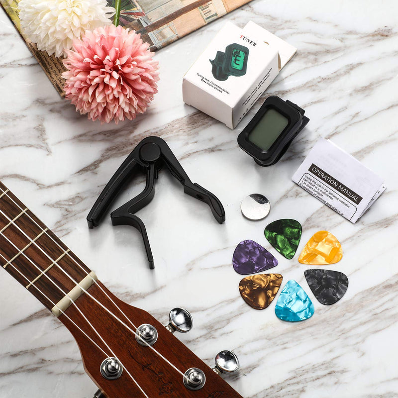 Guitar Tuner and Guitar Capo Set, Includes 2 Clip-on Electric Guitar Tuner with Clear LCD Display, 2 Adjustable Guitar Capo and 6 Guitar Picks for Ukulele, Guitar, Bass, Mandolin, Violin, Banjo