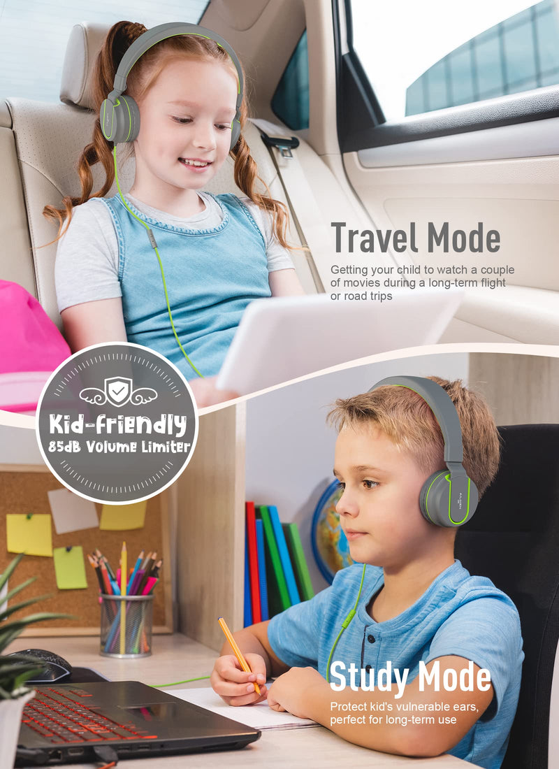 AILIHEN I35 Kid Headphones with Microphone Volume Limited 85dB Children Girls Boys Teen Lightweight Foldable Wired Headset for School Online Course Chromebook Cellphones Tablets (Grey/Green) Gray