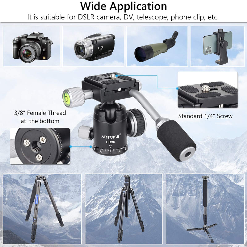 Ball Head with Handle All Metal CNC Panoramic Tripod Ball Heads Camera Mount Ball Head with Two Quick Release Plates for Tripod, DSLR, Camcorder, Telescope，Max Load 22lbs/10kg (Sliver)
