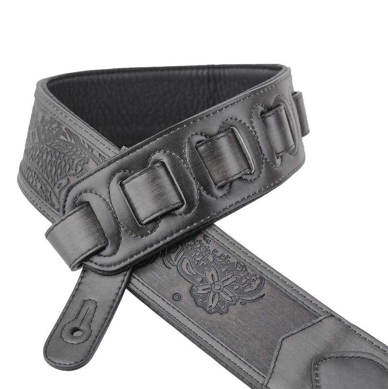 Walker & Williams LIE-12 “Weathered” Black Leather Padded Guitar Strap with Embossed Tooling