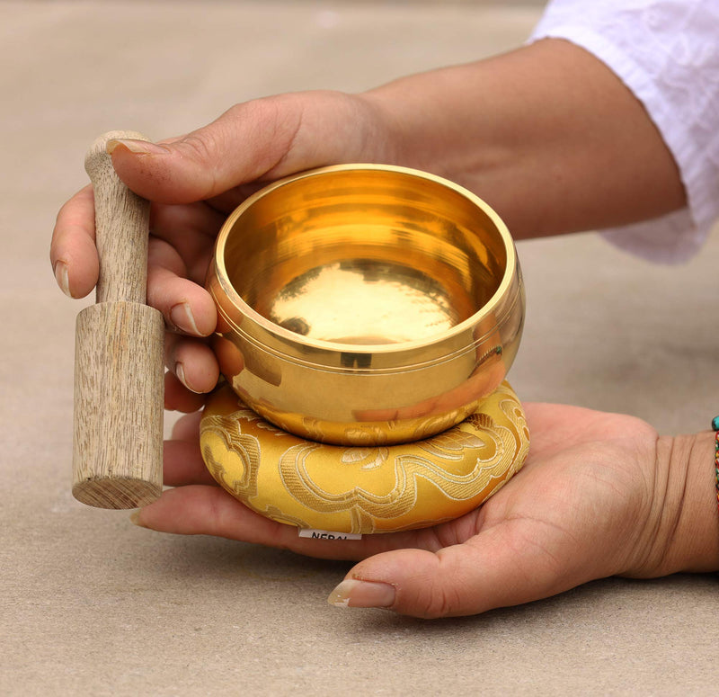 DharmaObjects Tibetan Ring Gong Meditation Singing Bowl Mallet Cushion Set Small