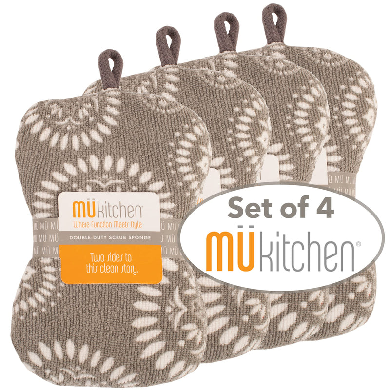 MÜkitchen | Sponge for Dishes and Household Cleaning | Microfiber Print & a Non-Scratch Scrub Pad | Washable & Reusable | Set of 4 | Medallion Gray