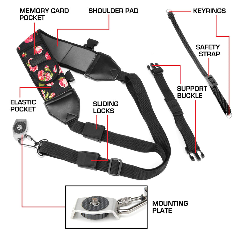 USA GEAR Camera Sling Shoulder Strap with Adjustable Neoprene, Safety Tether, Accessory Pocket, Quick Release Buckle - Compatible with Canon, Nikon, Sony and More DSLR and Mirrorless Cameras (Floral) Floral