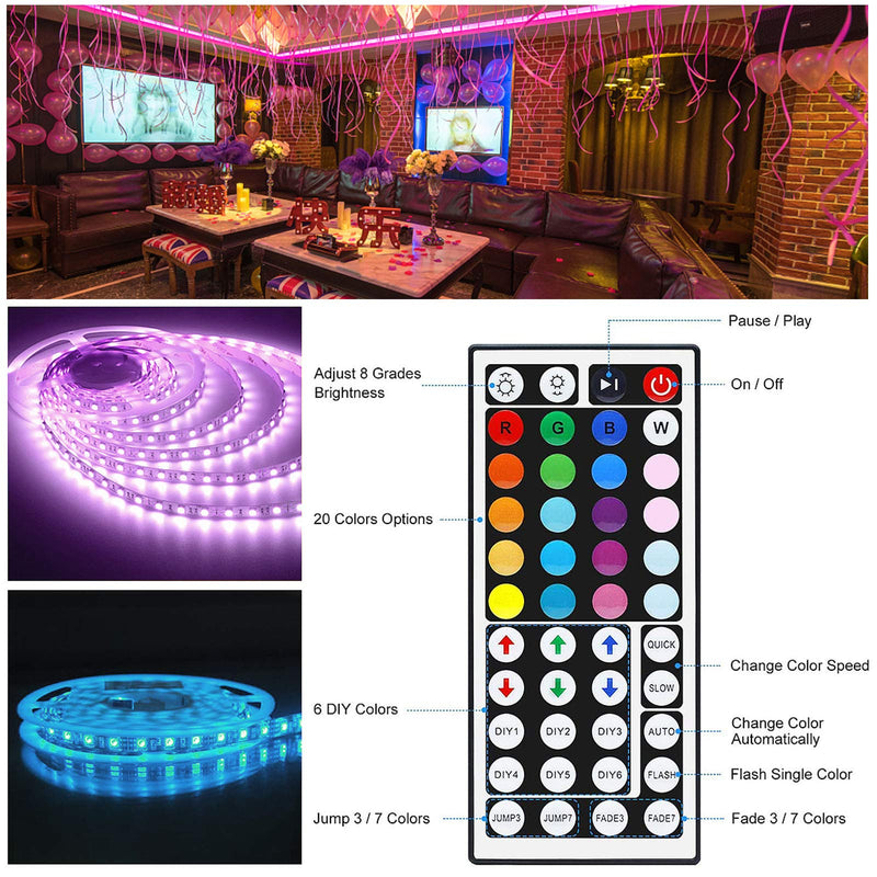 Led Strip Lights 50ft, 5050 RGB Led Lights, IP20 Non Waterproof Color Changing with 20 Colors 8 Light,LED Lights Strips Kit with 44 Keys IR Remote Controller 12V Power Supply