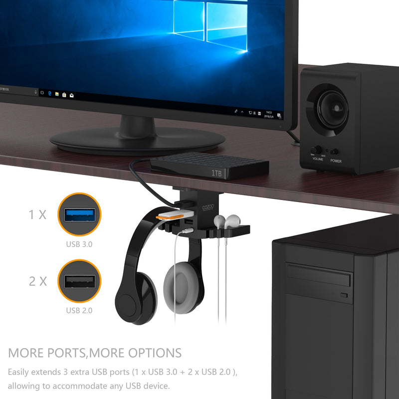 Headphone Stand with USB Hub COZOO Under Desk Headset Hanger Mount Dual Hook Holder with 3 USB Ports(usb3.0+usb2.0) and 3.5mm Jack AUX Port(Audio/Mic) External Sound Card for Gamer, DJ Earphone