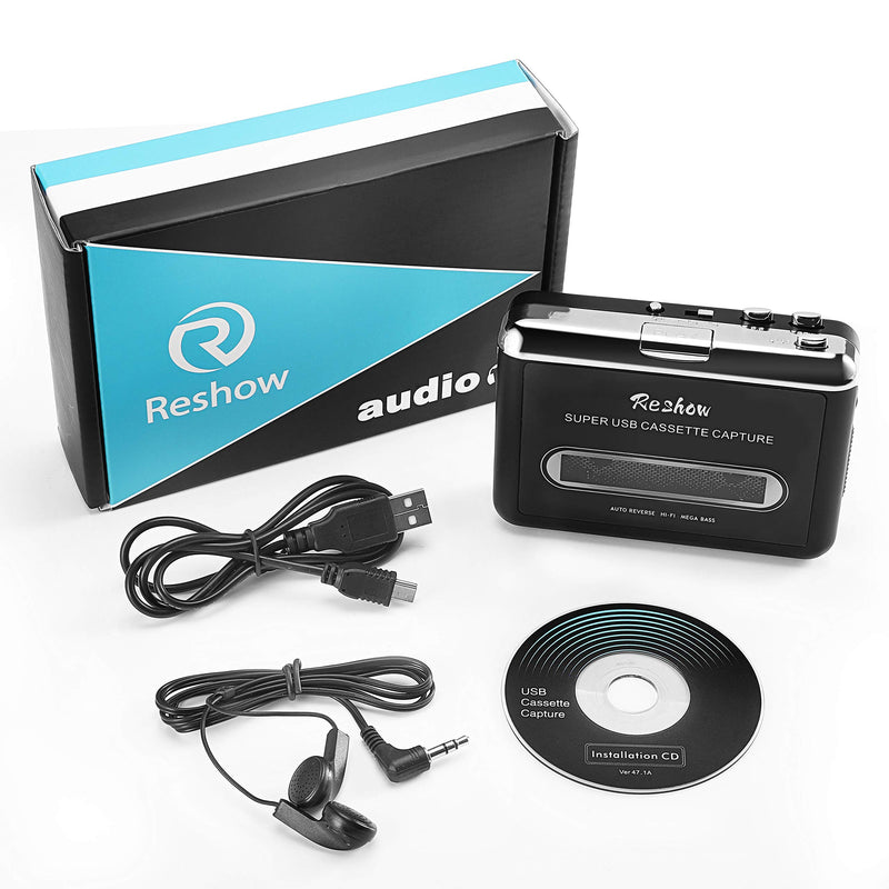 Reshow Cassette Player – Portable Tape Player Captures MP3 Audio Music via USB – Compatible with Laptops and Personal Computers – Convert Walkman Tape Cassettes to Mp3 Format Black