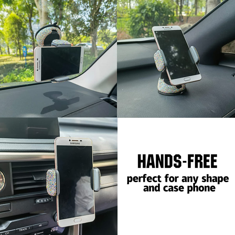Amiss Universal Bling Cell Phone Holder, 360°Adjustable Car Phone Mount with One More Air Vent Base, Crystal Car Interior Decoration, for Windshield, Dashboard and Air Vent (AB Color) AB Color