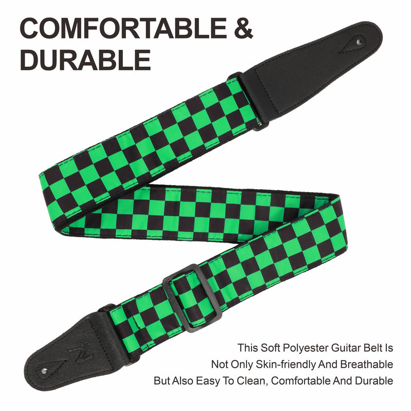 [AUSTRALIA] - Guitar Strap,Personalised Cotton Double Layer Cotton Guitar Straps with Longer Leather Ends for Bass, Electric & Acoustic, Best Gifts for Kids, Men & Women Guitarists (Green Grid) Green Grid 