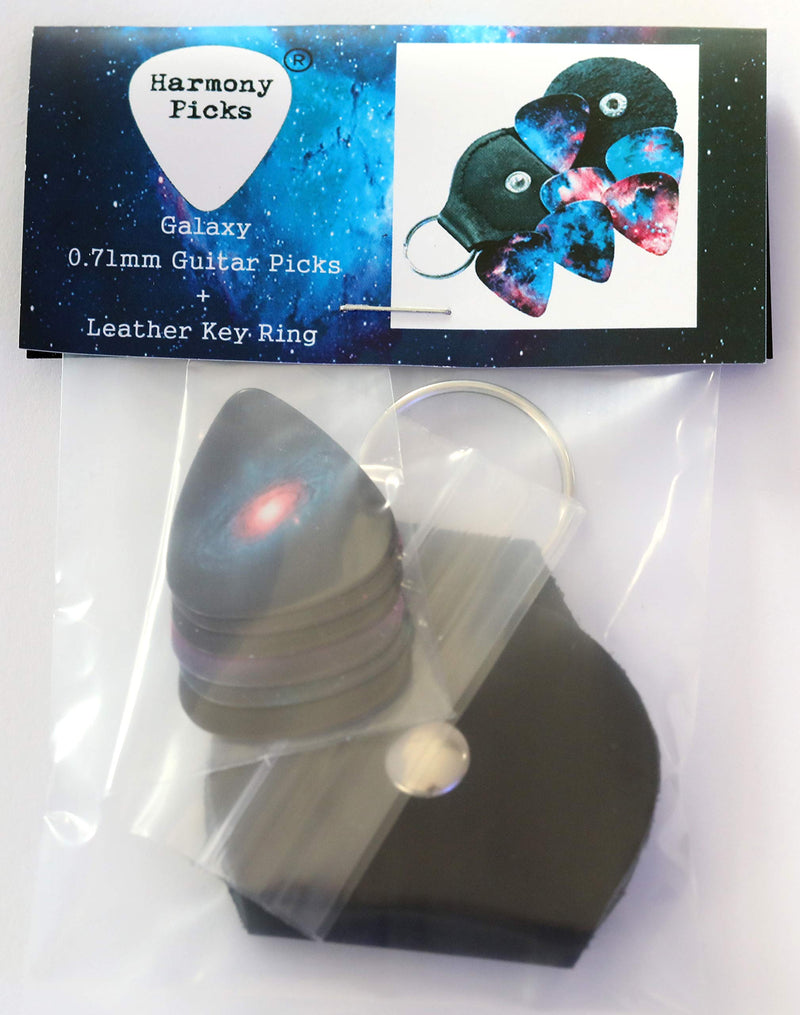 Galaxy Guitar Picks With Leather Plectrum Holder Keyring 6 Double Sided Picks