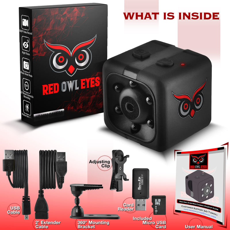 RED OWL EYES Spy Camera - Mini Hidden Camera 1080P Night Vision - Easy to Use Mini Camera Spy Wireless - Spy Cam Motion Detection - Nanny Camera - Small Camera - Secret Camera - 24/7 Recording