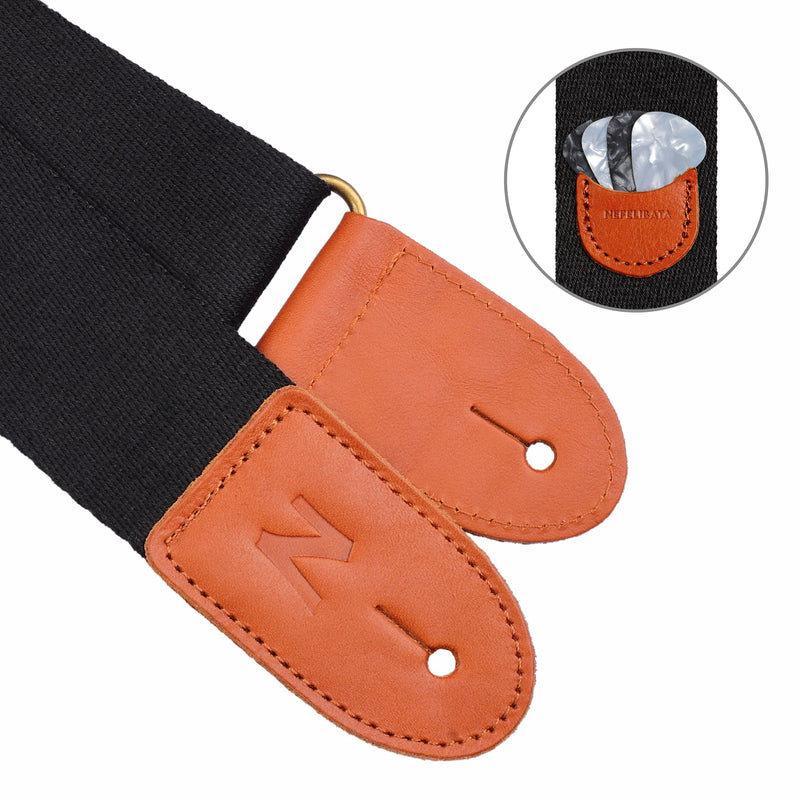 [AUSTRALIA] - Guitar Strap, 100% Cotton Full Grain Leather Ends Guitar Straps with Pick Pocket for Bass, Electric & Acoustic Guitar, Come with Free Strap Button, 1 Pair Strap Locks and 4 Guitar Picks (Black) A# - Black 