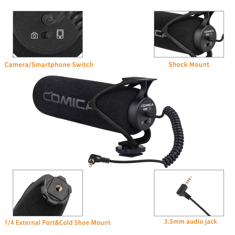 Comica CVM-V30 LITE Video Microphone Super-Cardioid Condenser On-Camera Shotgun Microphone for Canon Nikon Sony Panasonic Camera/DSLR/iPhone Samsung Huawei with 3.5mm Jack（Black） CVM-V30 LITE B