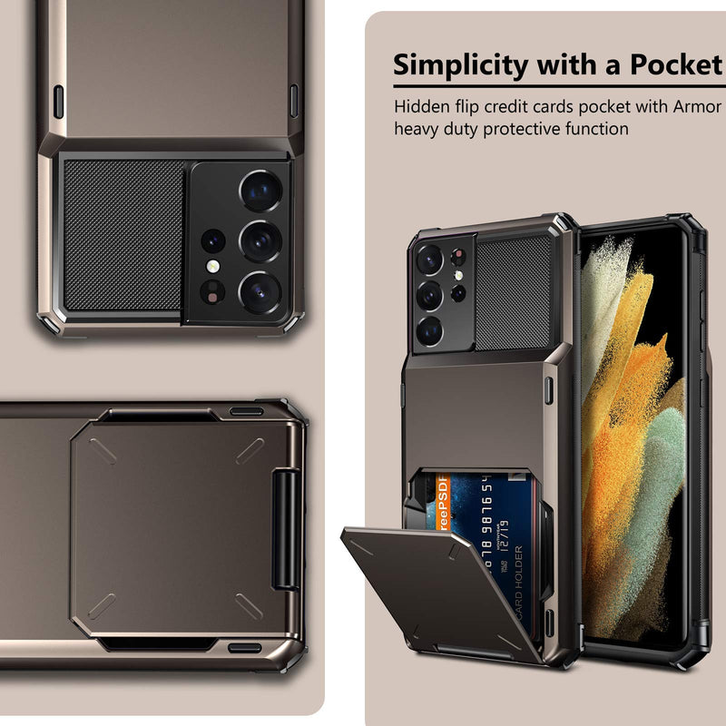 Vofolen for Galaxy S21 Ultra Case Wallet 4-Card Flip Cover Credit Card Holder Slot Back Pocket Dual Layer Protective Hybrid Hard Shell Bumper Armor Case for Samsung S21 Ultra 6.8 Gun Metal