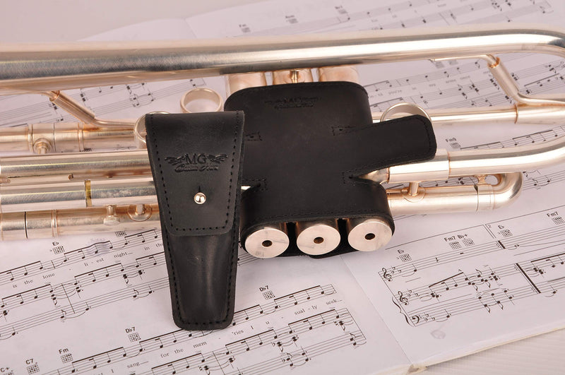 Trumpet valve Guard MG Leather Work, valve protector for lacquer, raw brass, silver finish (Guard+Pouch, Black)