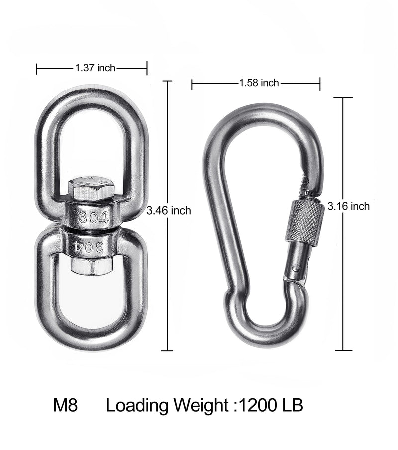 2+1 Heavy Duty 304 Stainless Steel Swivel Ring Double Ended Swivel Eye Hook with SUS304 Snap Hooks for Web Tree Swing, Therapy Swing, Aerial Dance, Swing Spinner Hanger, Reliable and Safe (M8) M8