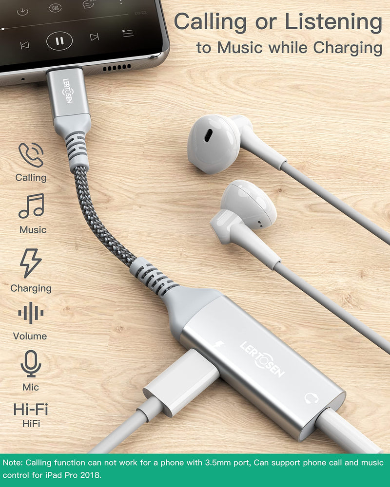 USB Type C to 3.5mm Headphone and Charger Adapter,LERTOSEN 2-in-1 USB C to Aux Audio Adapter Jack Splitter with PD 60W Fast Charging Dongle for Galaxy S22/S21/S20/Note 20/10,Pixel 4/3/2/XL,iPad Pro