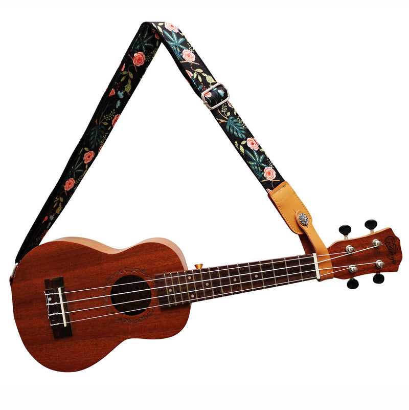 MUSIC FIRST Original Design “Dark Night Garden” Soft Cotton & Genuine Leather Ukulele Strap Ukulele Shoulder Strap With a MUSIC FIRST Genuine Leather Strap Locker