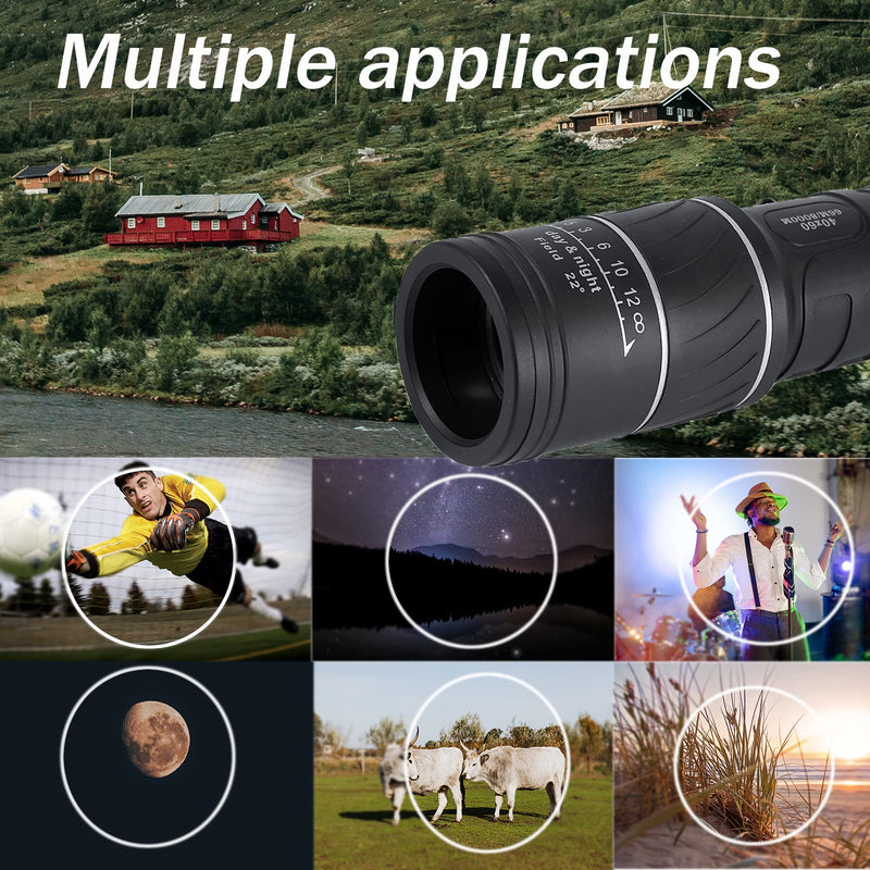 Hakeeta 40 x 60 HD Black Monocular Telescope, 40x60 High Powered Spotting Scope Pocket Focus for Outdoor with Low Light Night Vision and Green Film Monocular