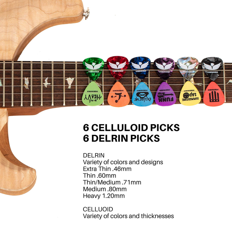 iVideosongs Guitar Picks Sampler, 12 Pack + 150 Online Guitar Lessons • Variety Pack of 12"Pickatudes" Celluloid & Delrin Guitar Picks Pickatudes (12 Pack)