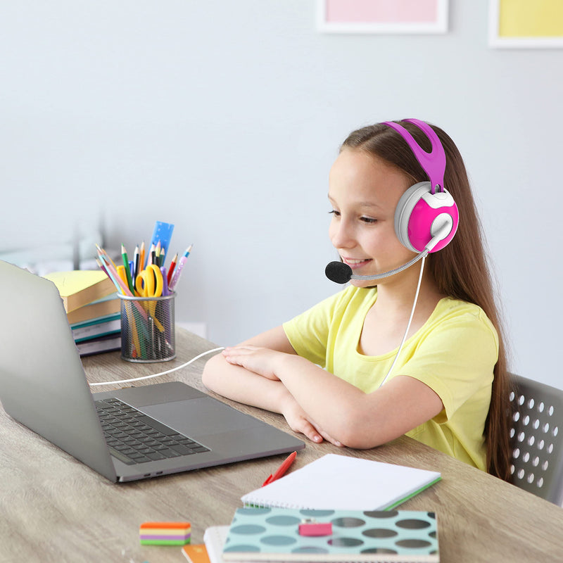 Thore Kids Headphones with Microphone (Over Ear) Headset with Boom Mic + Volume Control for Girls, Online School (Pink) Pink