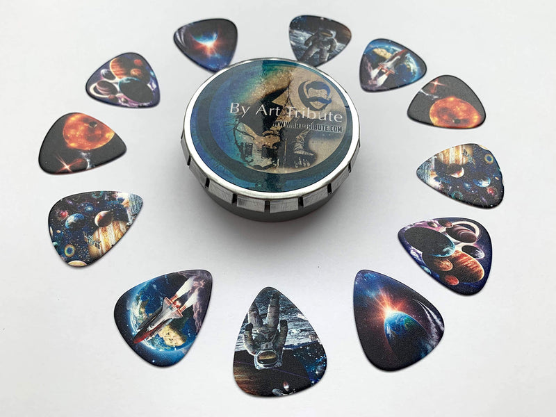 Space Guitar Picks 12 Pack W/Tin Box & Picks Holder. Celluloid Medium Cool Picks Perfect Gift For Guitar & Lover. For Acoustic Electric and Base Guitars feels like float in zero gravity while playing