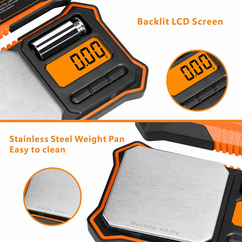 Fuzion Digital Pocket Scale, 200g x 0.01g Jewelry Gram Scale, 6 Units Conversion, LCD Back-Lit Display, Use for Jewelry/Medicine/Food/Powder/Herb(Battery Included) Orange