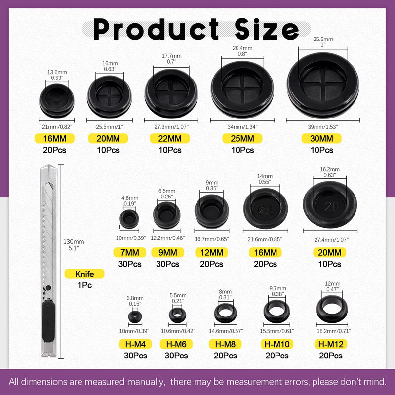 Swpeet 290Pcs 3 Types Closed/Double Sided/Eyelet Ring Gasket Rubber Grommet with Craft Knife Kit, Firewall Hole Plug Round Rubber Plug Hole Grommets Rubber Gasket for Auto Car Wire Cable 290Pcs Mixed Rubber Grommets Kit