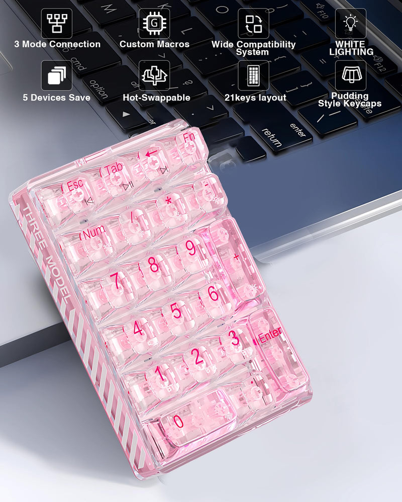 AULA 21 Key 2.4Ghz/Bluetooth/USB-C Connections Numpad, Hot Swappable Mechanical Gaming Keypad with Transparent Keycaps(Pink) Pink