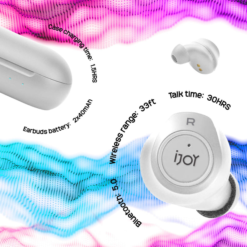 Premium Gravity TWS Earbuds by iJoy - Wireless Bluetooth 5.0 Compatible in-Ear Headset with Built-in Mic & Portable Recharging Case - IPX4 Waterproof & Sweatproof Design for Sports- Long Battery Life WHITE